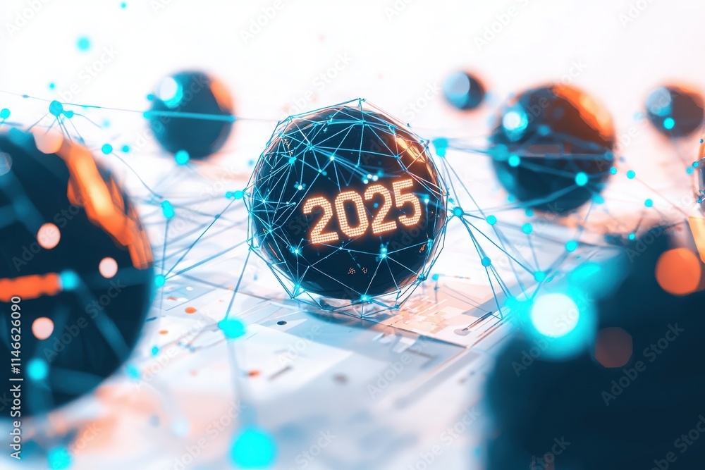 A futuristic representation of the year 2025 featuring a glowing sphere surrounded by interconnected nodes. The visual emphasizes technology and digital advancement, creating an engaging atmosphere.