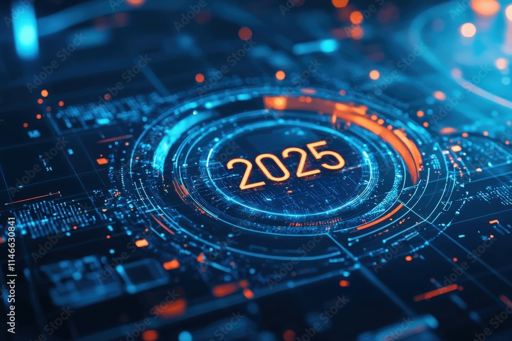 A futuristic representation of the year 2025 is displayed prominently within a high-tech interface. The design features glowing circuits and blue tones, showcasing advanced technology themes.