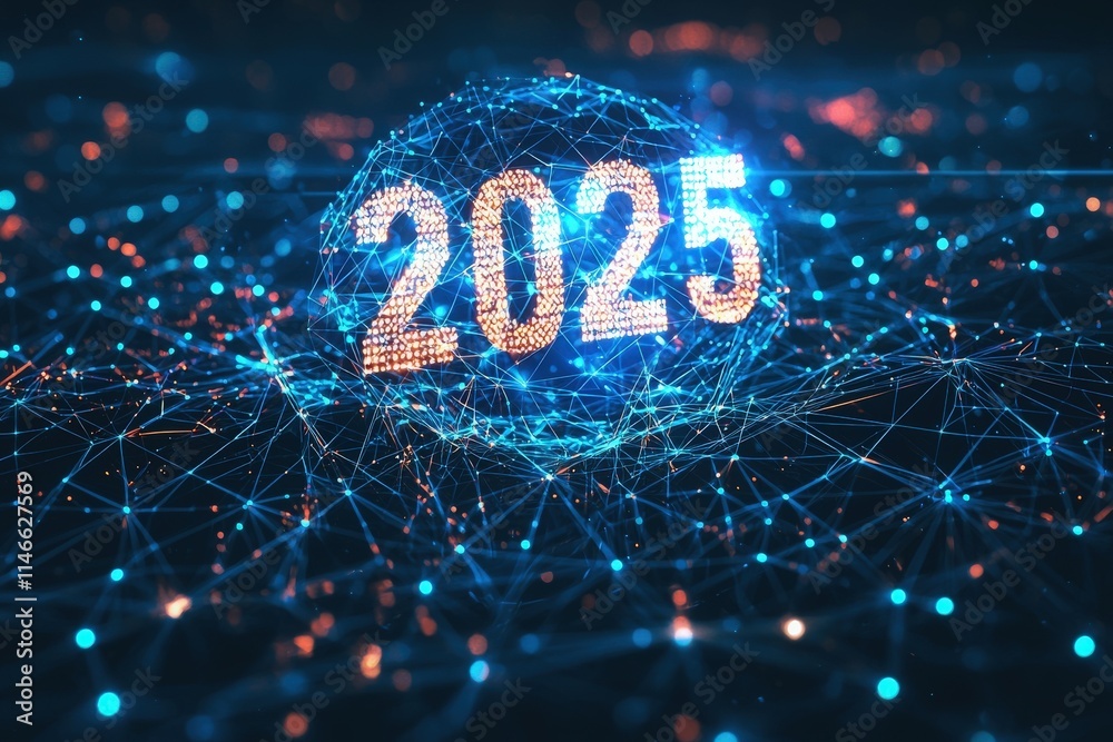 A futuristic representation showcases the year 2025 with illuminated numbers set against a backdrop of glowing network connections, symbolizing advanced technology and global connectivity.