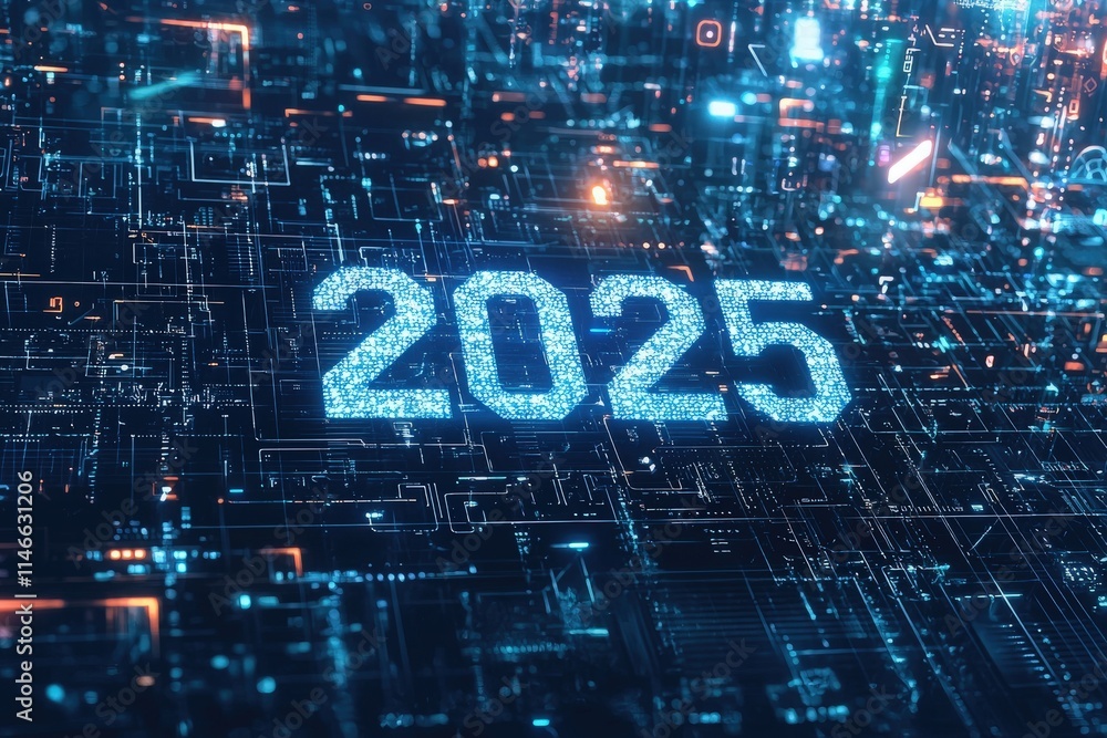 A futuristic visual displays the year 2025 glowing amidst a network of digital circuitry and data streams. Bright elements create a vibrant technological atmosphere.