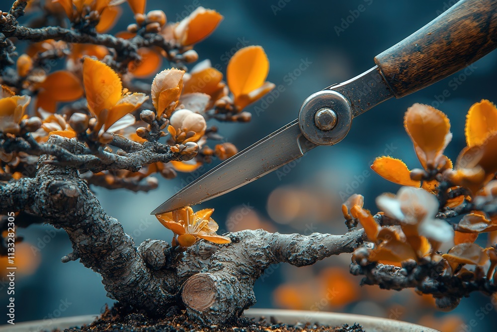 A gardener delicately prunes a bonsai tree adorned with vibrant golden leaves, showcasing fine craftsmanship and attention to detail. The autumn setting enhances the beauty of the foliage.