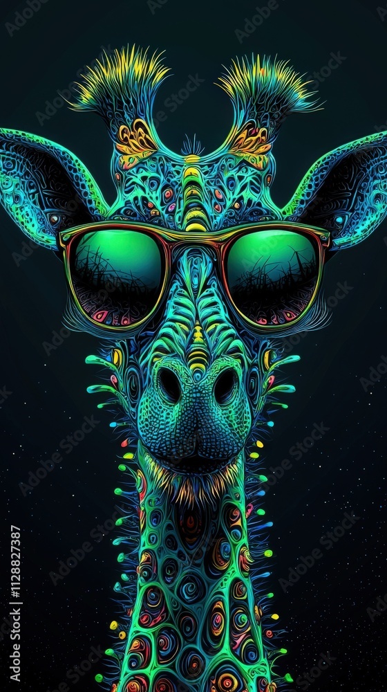 A giraffe sports stylish sunglasses against a dark background, showcasing vibrant and colorful patterns that highlight its whimsical design and playful attitude.