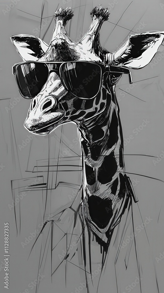 A giraffe with an artistic design poses confidently, wearing stylish sunglasses. The black and white illustration highlights its distinct markings and long neck, creating an intriguing visual.