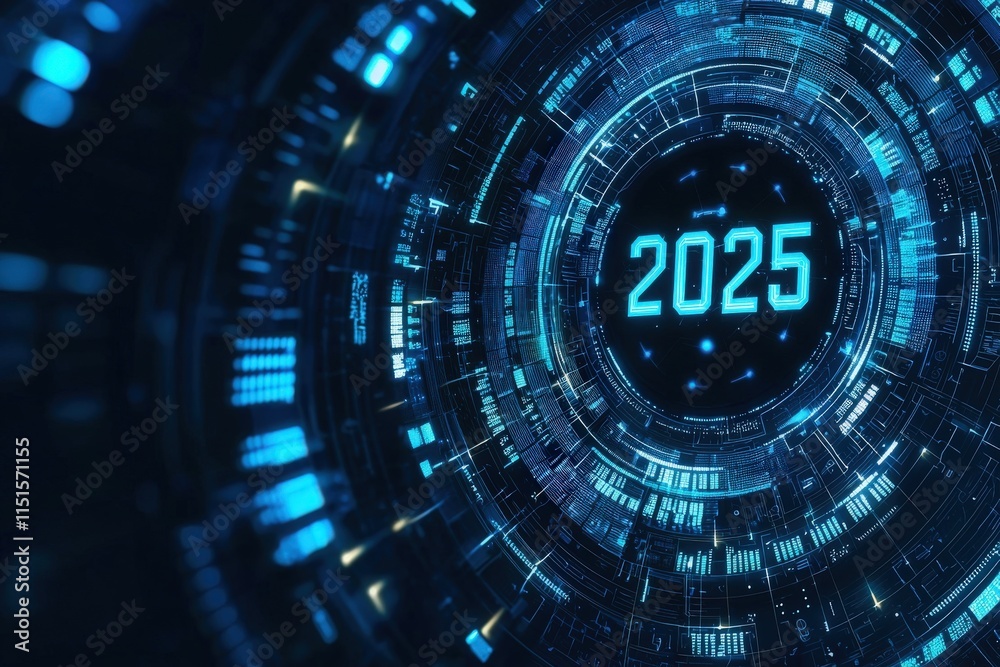 A glowing blue circular display showcases the year 2025, surrounded by intricate digital patterns and data streams, symbolizing advanced technology and innovation.