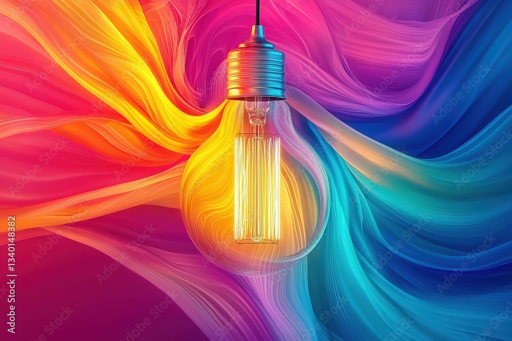 A glowing light bulb hangs central to a vibrant abstract background of swirling colors. Fiery oranges and blues create visual movement, evoking a sense of creativity and energy.