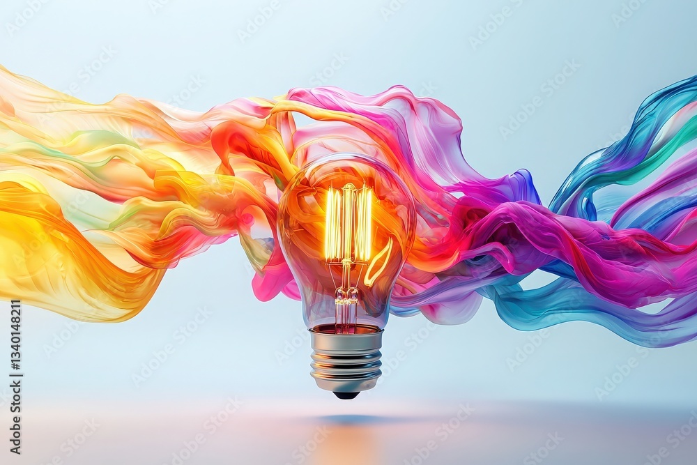 A glowing light bulb is surrounded by vibrant, swirling colors that represent creativity and inspiration.