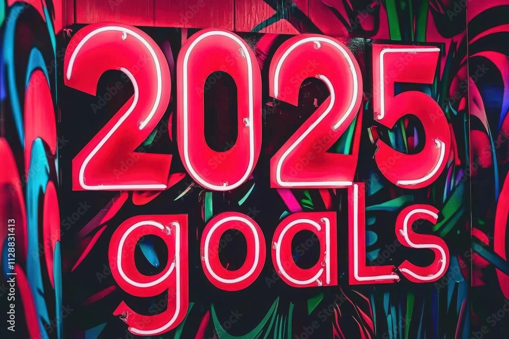 A glowing neon sign displays the message 2025 goals against a colorful, abstract backdrop. The bright colors and bold design create an inspiring atmosphere for goal-setting.