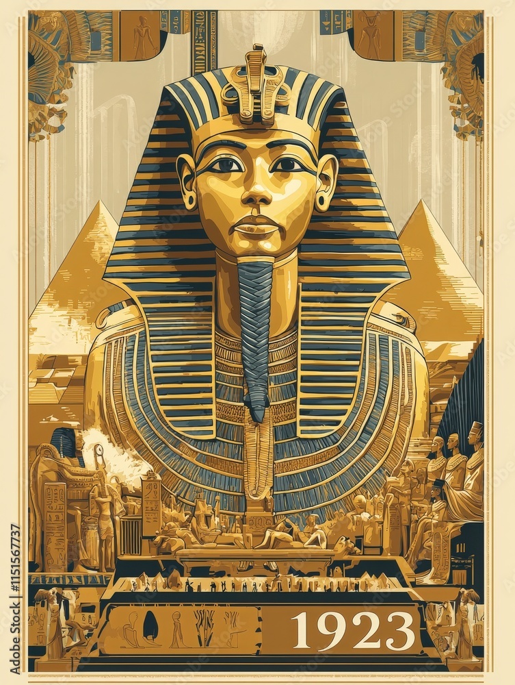 A golden bust of a pharaoh stands prominently, flanked by pyramids and ancient structures. The artwork reflects an early 20th-century interpretation of Egyptian themes and culture.