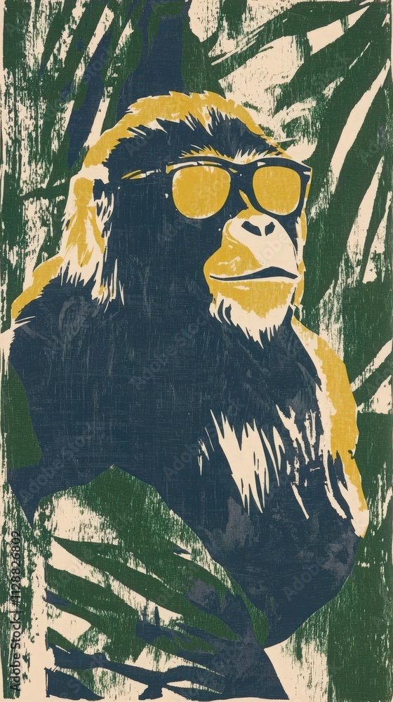 A gorilla with sunglasses poses confidently amid lush green tropical leaves. The vibrant colors and playful expression add a fun touch to this lively setting.