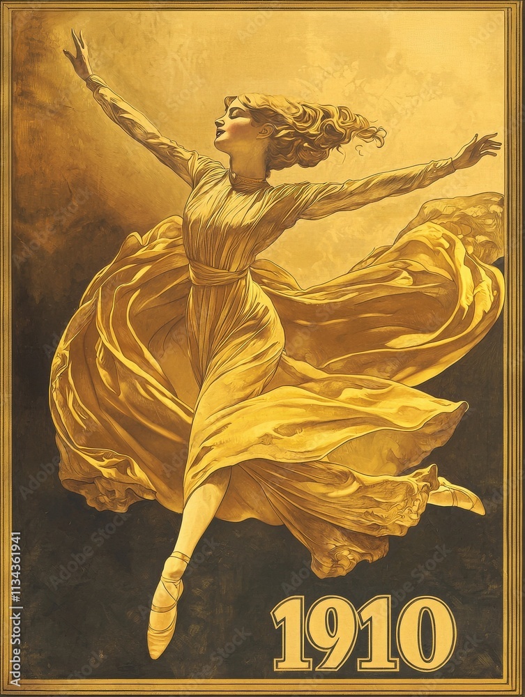 A graceful ballet dancer takes a dynamic leap, her flowing golden dress billowing around her. The artwork reflects an early 1900s style, evoking a sense of joy and elegance.