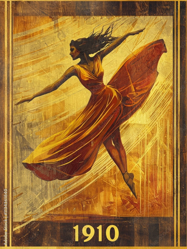 A graceful dancer is captured mid-motion, wearing a vibrant yellow dress. The artwork reflects early 20th-century aesthetics, showcasing the beauty of dance and movement in 1910.