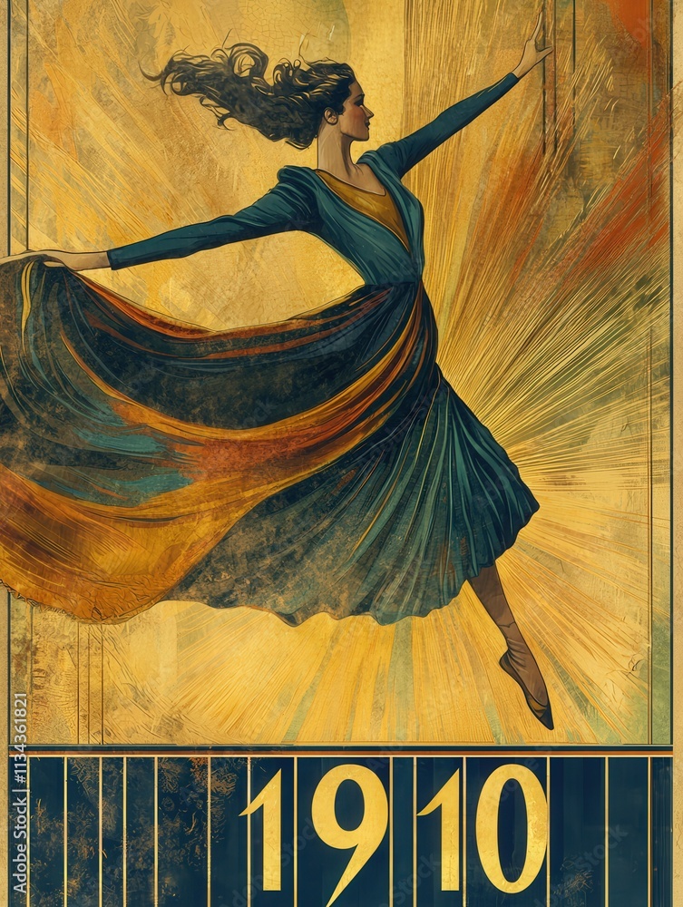 A graceful dancer leaps forward, her flowing dress creating a sense of movement. The artwork features rich colors and a stylized design, reflecting the artistic trends of 1910.