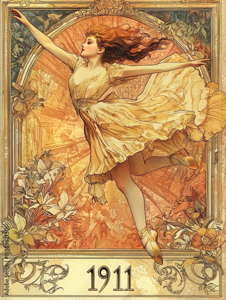 A graceful dancer leaps in a flowing dress, showcasing her skill and artistry. The background features intricate floral designs, reflecting the artistic style of 1911, emphasizing beauty and elegance.