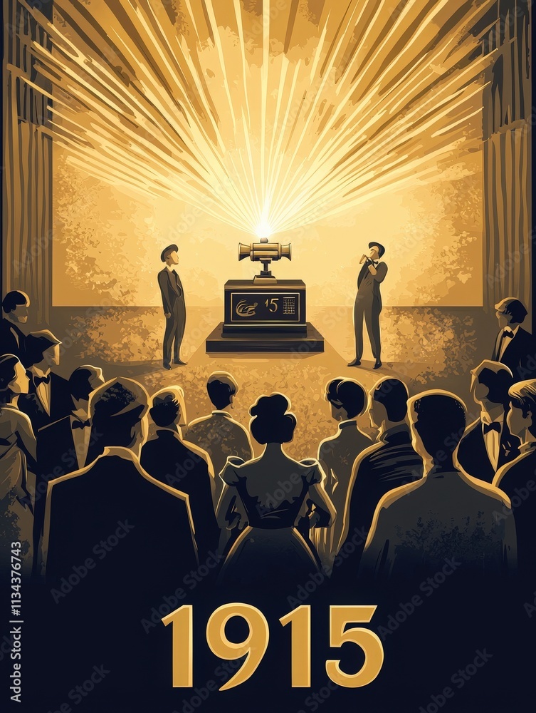 A grand gathering highlights a technological marvel in 1915, with an audience captivated by the display. Bright lights and excitement fill the air as history unfolds.