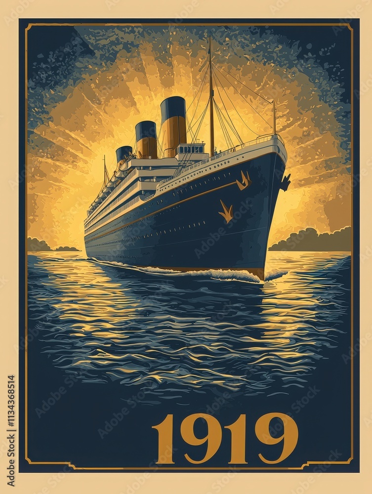 A grand ocean liner, adorned with three smokestacks, majestically sails through shimmering waters at sunset in 1919. The rich colors create a nostalgic and elegant atmosphere.