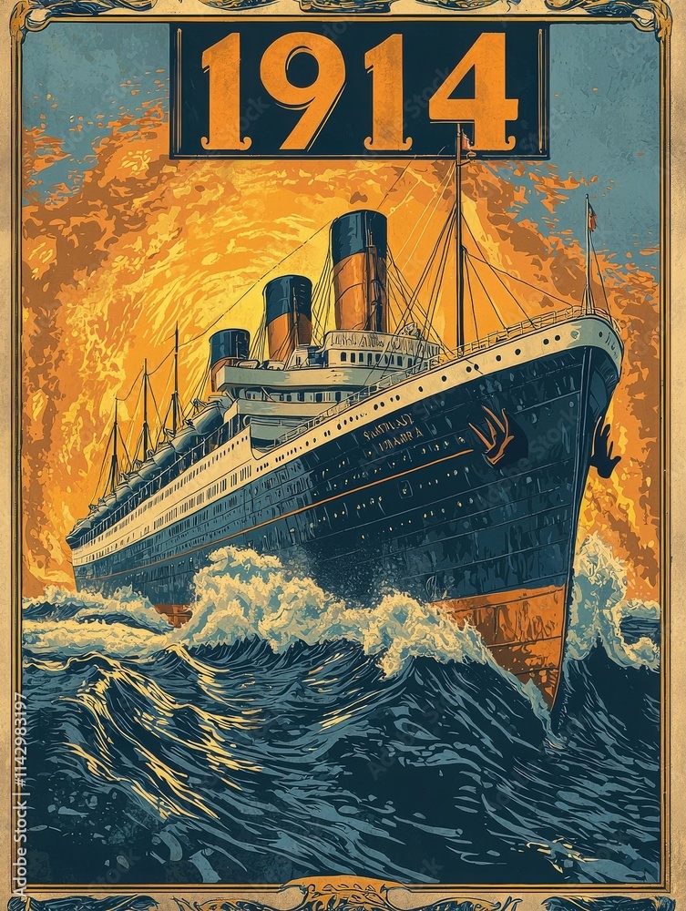 A grand ocean liner navigates through rough seas, with towering waves surrounding it. The ships elegant design stands out against a warm, golden background, evoking a sense of adventure.