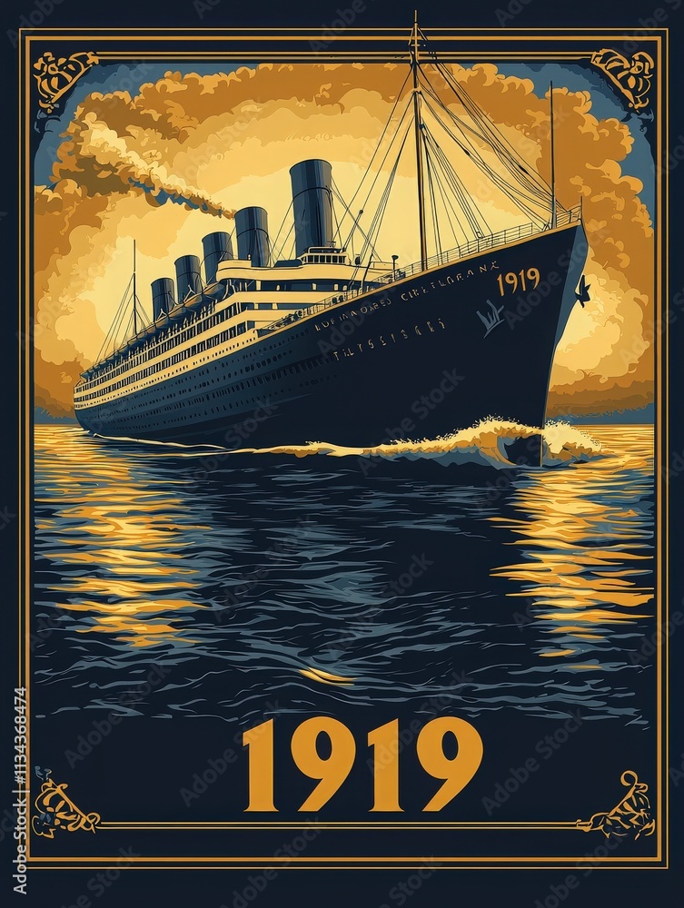 A grand ship from 1919 glides through calming waters under a golden sky. Smoke billows from its stack, reflecting maritime history and stunning craftsmanship. The scene evokes nostalgia and adventure.