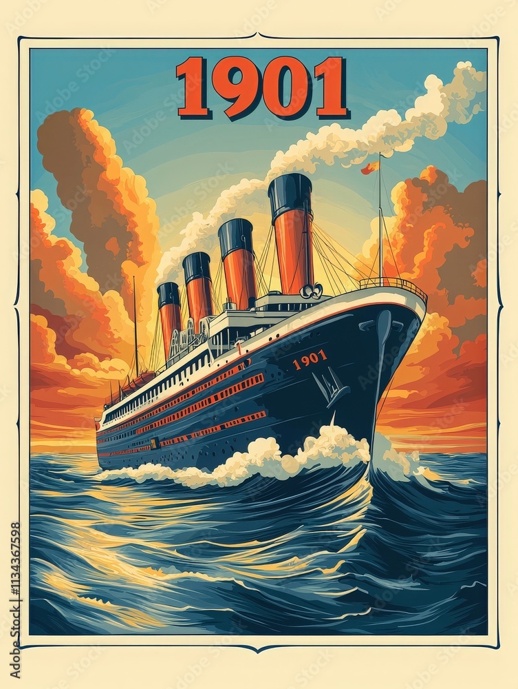 A grand steamship glides through turbulent ocean waters, its three tall smokestacks billowing smoke against a colorful sunset. The year 1901 is prominently displayed above the ship.