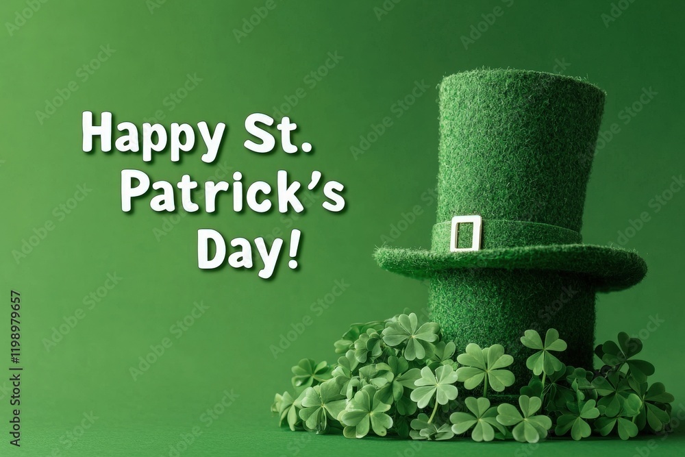 A green felt hat rests atop a bed of vibrant clovers, embodying the spirit of St Patricks Day. The cheerful message invites celebration and joy, enhancing the festive atmosphere.