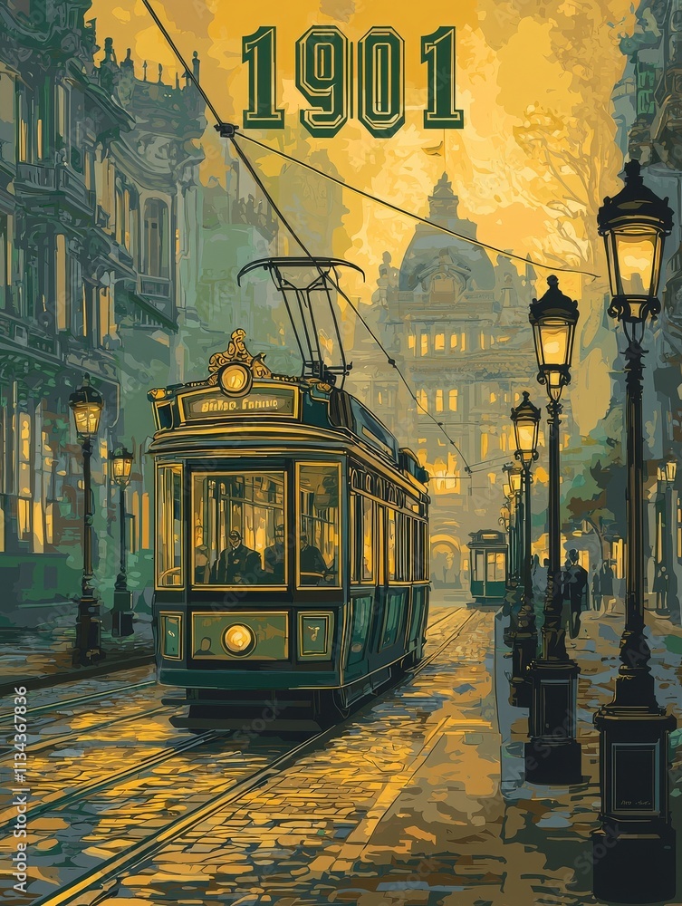 A green vintage streetcar moves along cobblestone streets lined with gas lamps. The golden light illuminates historic buildings, creating a warm and nostalgic atmosphere as dusk falls.