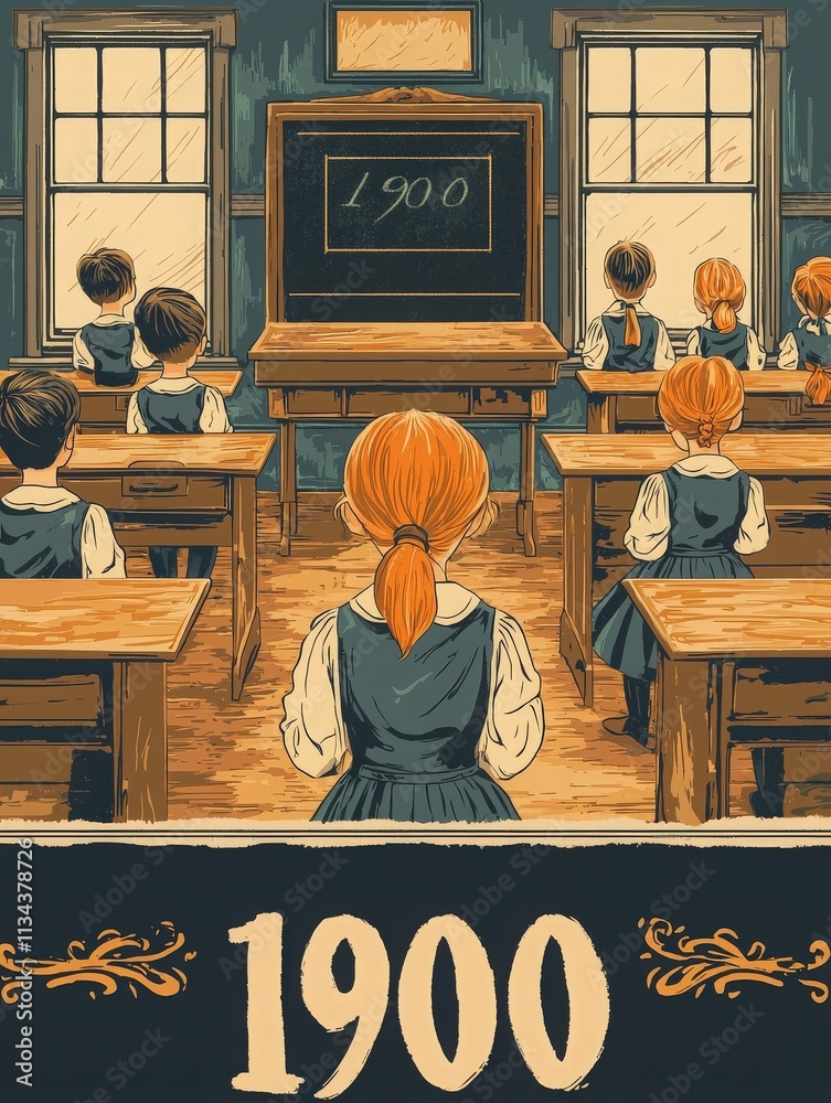 A group of children in vintage school uniforms attentively faces a chalkboard displaying the year 1900. The wooden desks and period details reflect a historical classroom atmosphere.