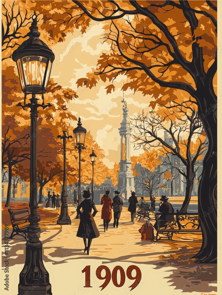 A group of elegantly dressed people walk leisurely along a tree-lined path in a park during autumn in 1909. The vibrant orange leaves create a picturesque atmosphere.