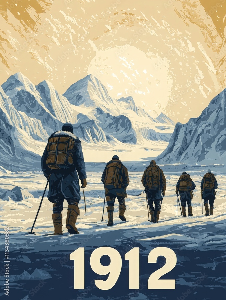 A group of explorers moves across a vast glacier in 1912, bundled in warm clothing and carrying equipment. Majestic mountains loom in the distance under a golden sky.