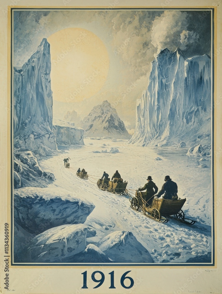A group of explorers travels on sleds through a vast icy landscape. The sun casts a bright glow on towering ice formations and distant mountains. The atmosphere is cold and adventurous.