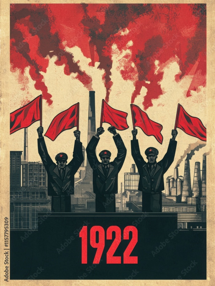 A group of figures proudly waves red flags against a backdrop of industrial smokestacks and buildings, symbolizing unity and strength. This powerful scene reflects the revolutionary fervor of 1922.