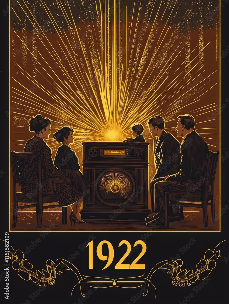 A group of five individuals sits closely together, captivated by a vintage radio. The warm glow from the radio casts a nostalgic ambiance, reflecting the excitement of 1922.