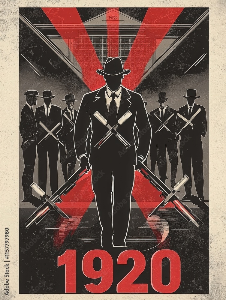 A group of gangsters dressed in suits and fedoras stand menacingly, armed with rifles. The backdrop features a stylized representation of the year 1920, evoking the era of organized crime.