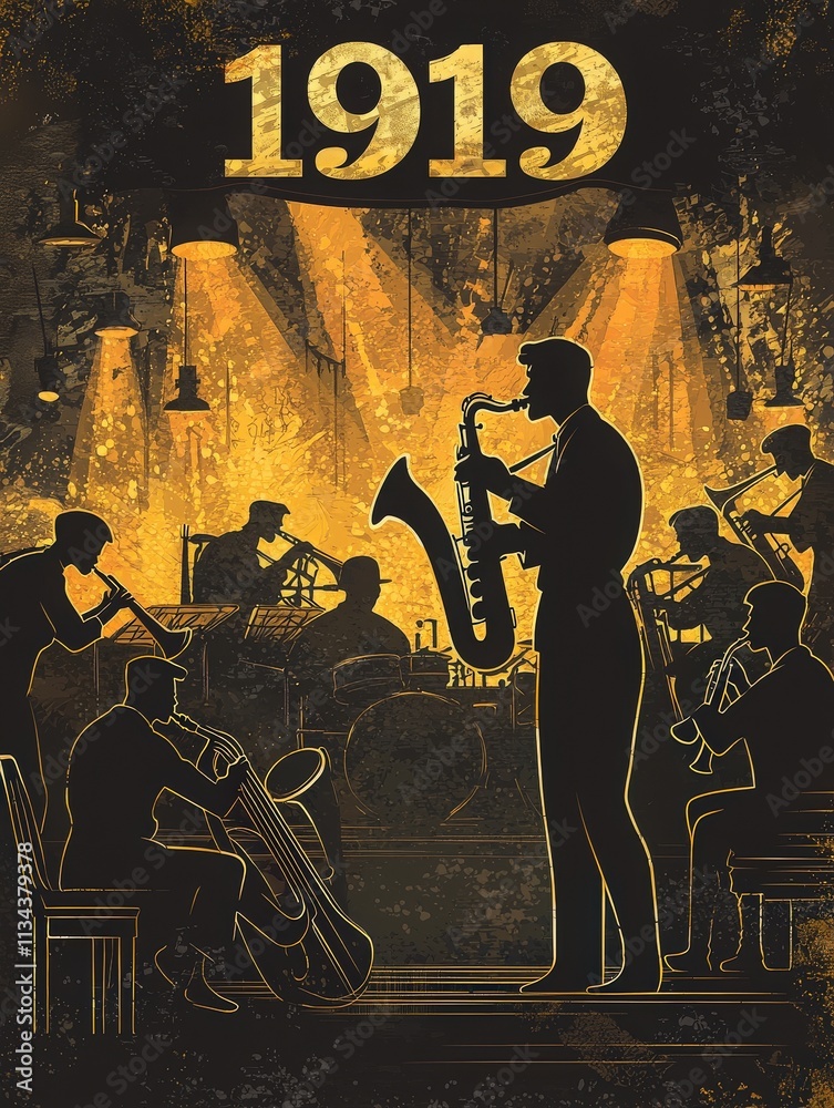 A group of jazz musicians entertains an audience in a vibrant venue, celebrating music from 1919. The warm lighting highlights their instruments and creates an energetic atmosphere.