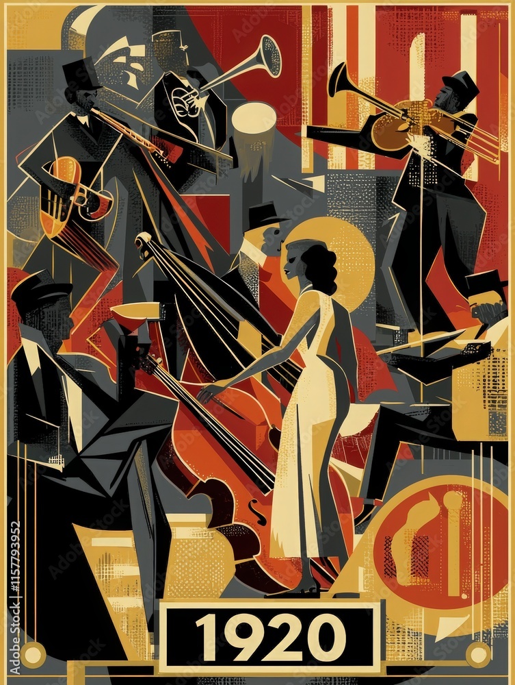 A group of jazz musicians plays energetically during a 1920s-themed event. The lively atmosphere is filled with bold colors and dynamic movements, showcasing the joy of music and dance.