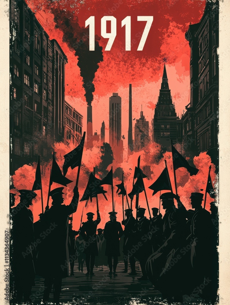 A group of revolutionaries carrying flags marches through a city engulfed in smoke and vibrant red hues. Towering buildings are silhouetted against the backdrop of intense activity and protest.