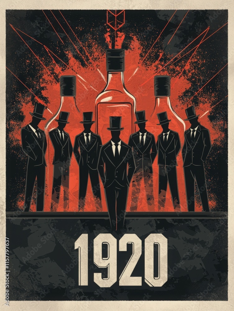 A group of sharply dressed men in suits and top hats stands confidently in front of stylized liquor bottles, capturing the rebellious spirit of the 1920s Prohibition era.