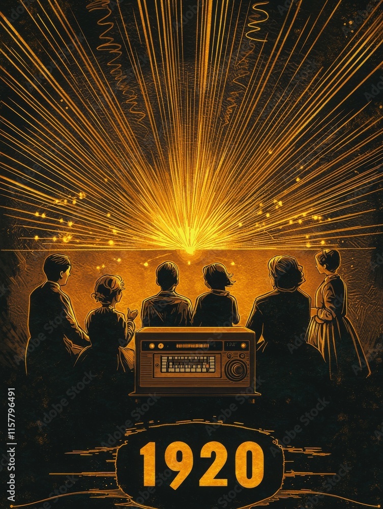 A group of six individuals, dressed in early 20th-century clothing, watch in awe as brilliant light radiates from an antique radio. This captivating moment captures the magic of entertainment in 1920.