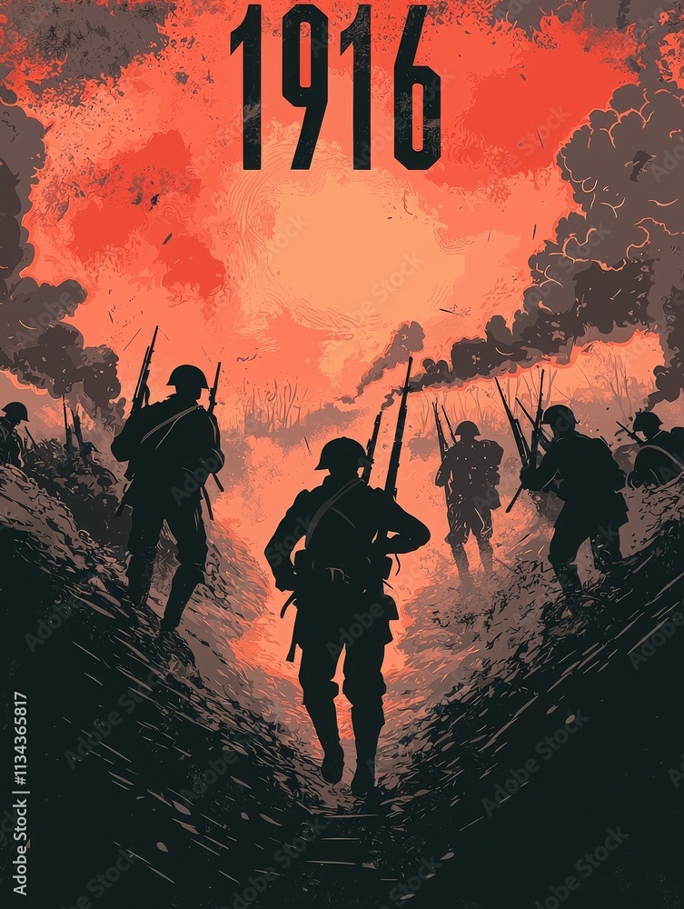 A group of soldiers emerges from a trench, silhouetted against a smoky, fiery sky. The intense atmosphere captures the turmoil and challenges of battle, reflecting the historical significance of 1916.
