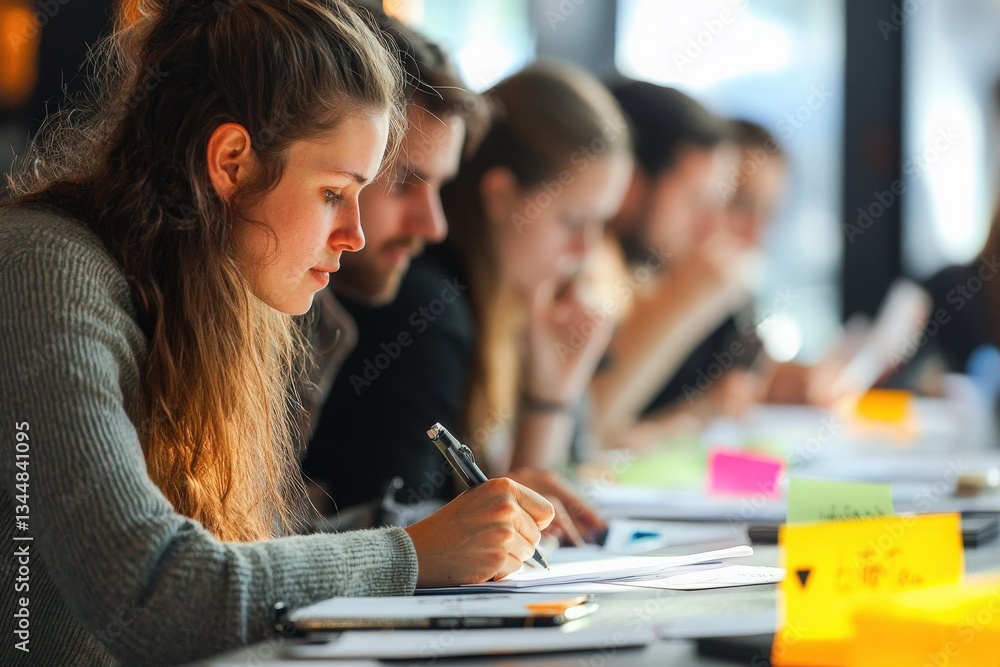 A group of students is diligently studying in a bright, contemporary setting, taking notes and working on assignments. Colorful sticky notes adorn the workspace, creating an inspiring atmosphere.