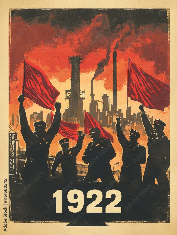 A group of workers dressed in uniforms stands together, raising red flags in a show of solidarity. Industrial buildings and smokestacks tower in the background, highlighting the eras labor movement.