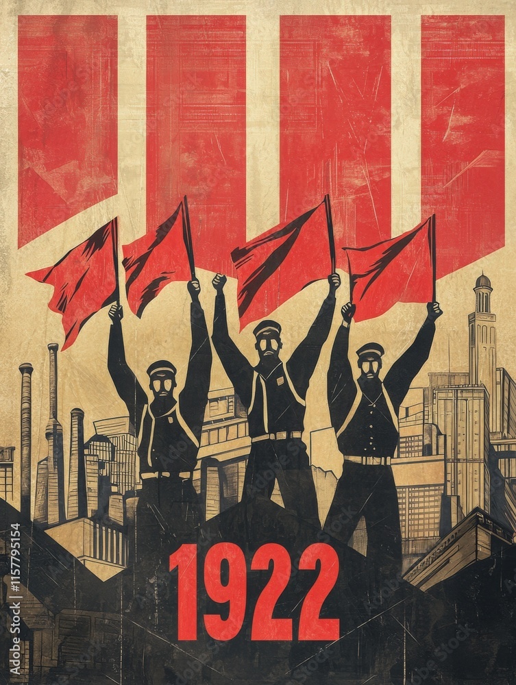 A group of workers holds red flags aloft against a backdrop of factories, showcasing solidarity and strength. The year 1922 is prominently displayed, emphasizing the historical context.
