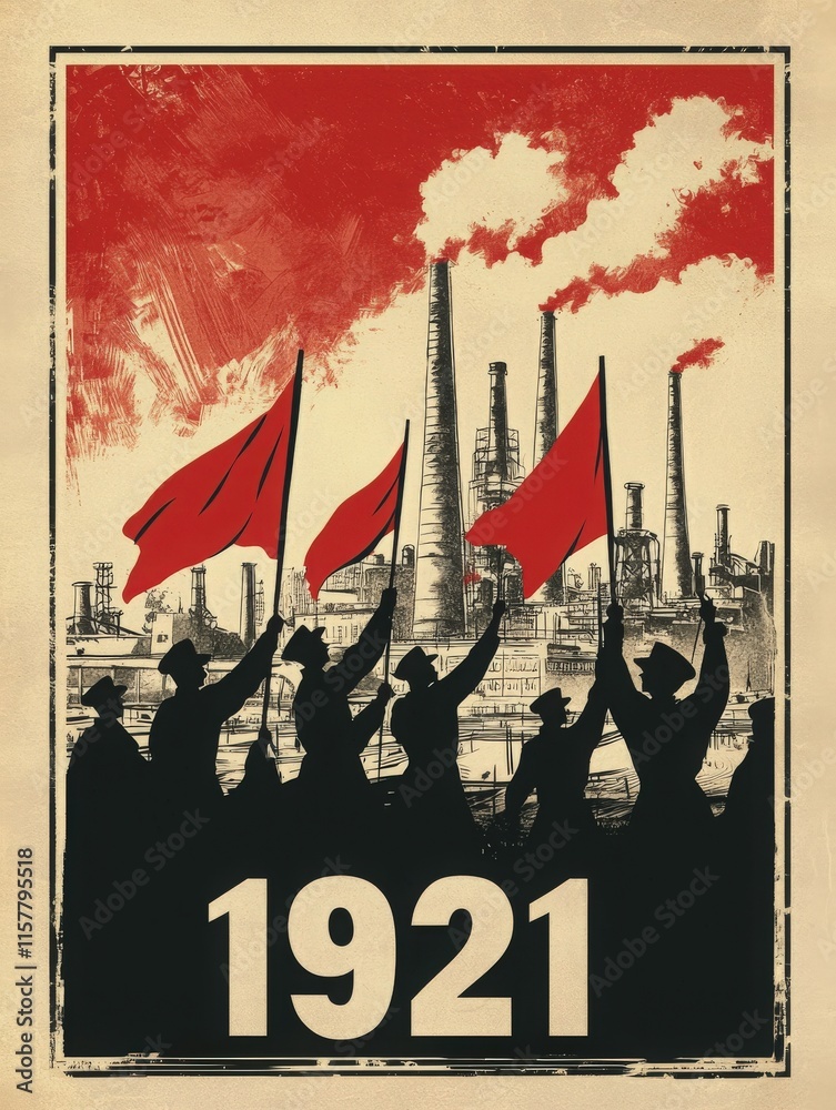 A group of workers passionately waves red flags in front of towering industrial smokestacks, symbolizing unity and protest in a significant year, 1921.