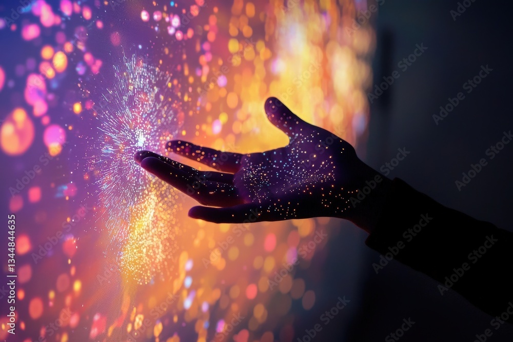 A hand extends towards a mesmerizing light display filled with colorful patterns and shimmering dots. The vibrant scene creates a magical atmosphere, blending art and technology.