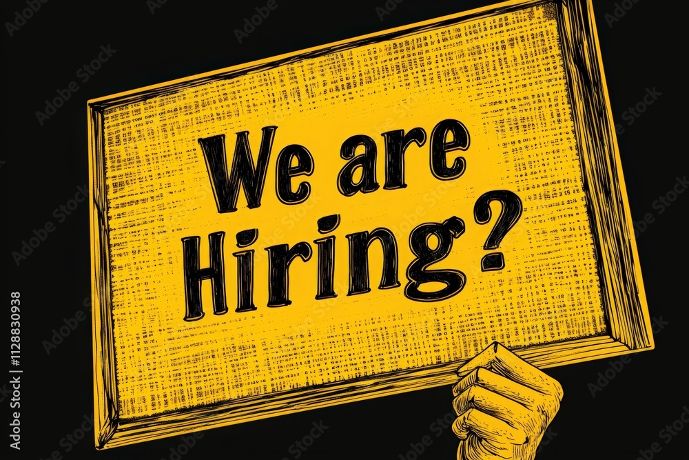 A hand holds a bright yellow sign with bold black text that reads We are Hiring. This sign signals job opportunities available at a company or organization.