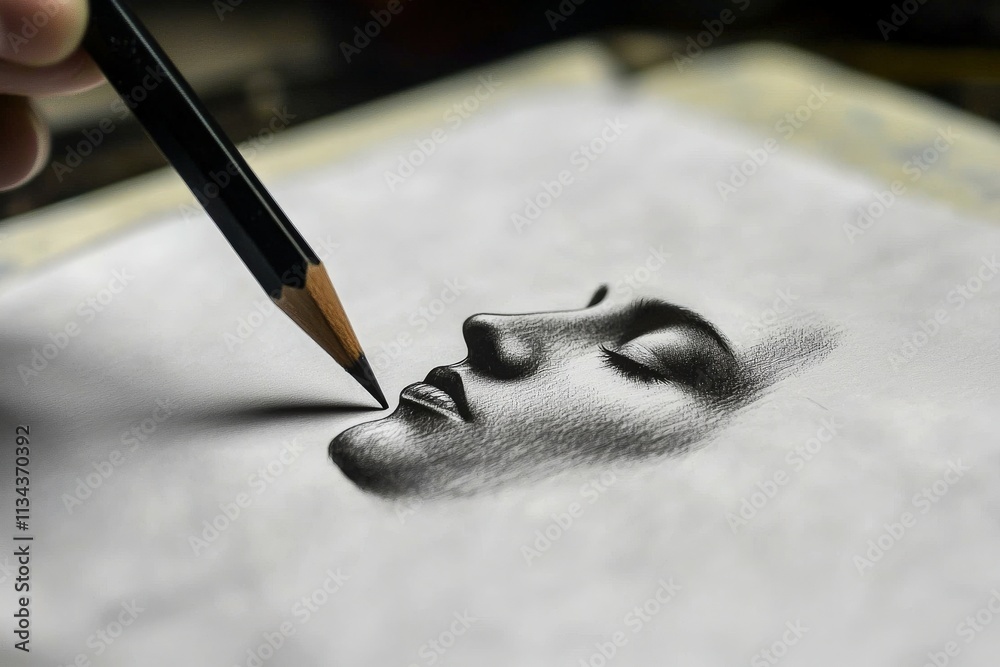 A hand holds a pencil carefully sketching the delicate features of a womans profile on textured paper. The workspace is filled with artistic tools, reflecting a moment of inspiration.