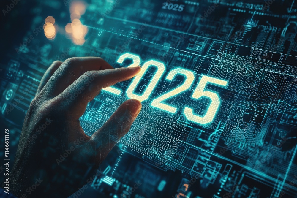 A hand is reaching out to touch a glowing display showing the year 2025. The background features intricate digital patterns and circuitry, indicating a high-tech environment.