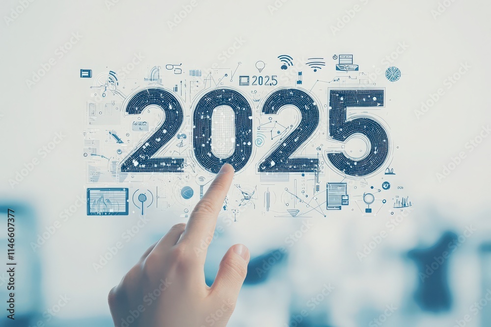 A hand points at the year 2025 displayed with various digital graphics and icons. This moment captures a focus on future technology and innovation trends.