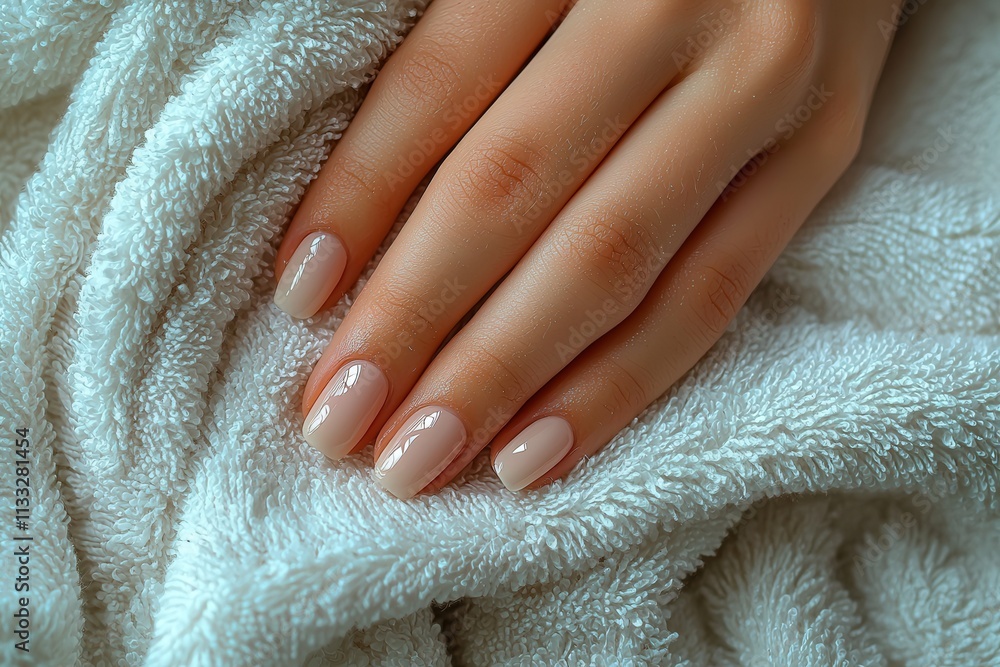 A hand with neatly manicured nails lays gently on a fluffy white towel. The nails shine with a subtle polish, creating a calm and clean aesthetic perfect for relaxation.