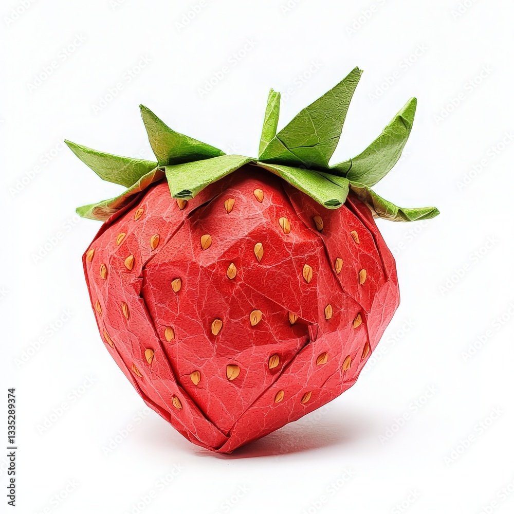 A handmade paper strawberry showcases a bright red color with textured seeds and green leaves. This origami representation highlights stunning craftsmanship and creativity in design.