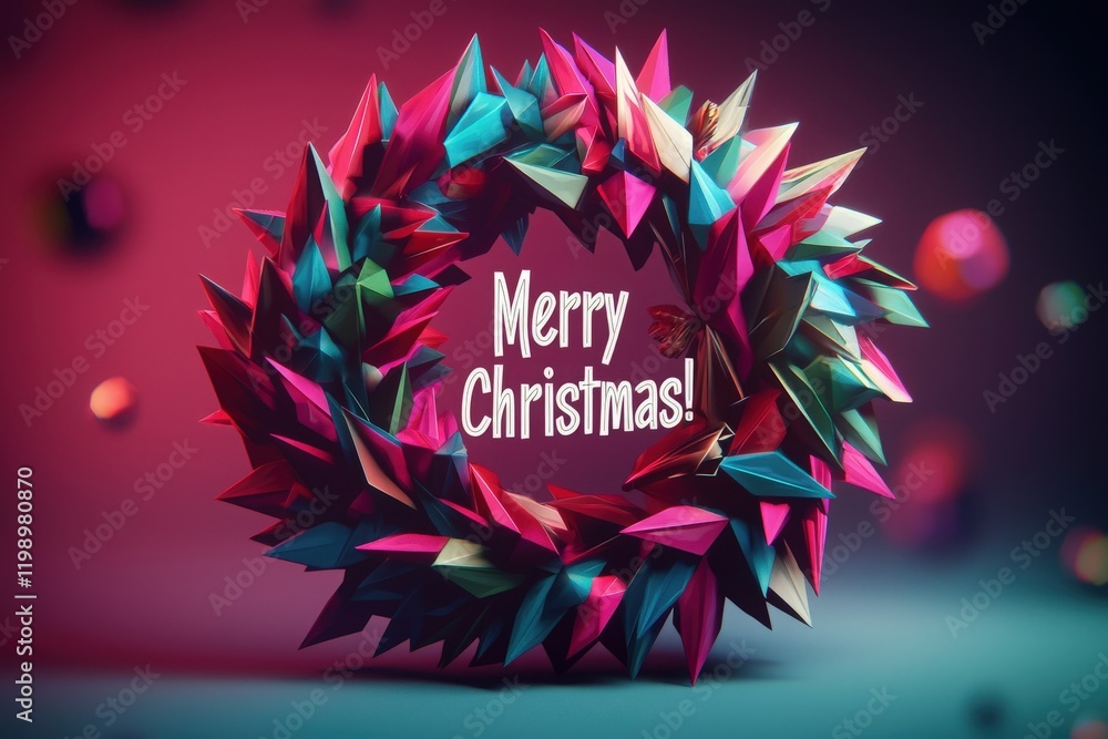 A handmade wreath bursts with colorful paper triangles, showcasing a cheerful Merry Christmas! message in bright letters. The background features festive hues and sparkling decorations.