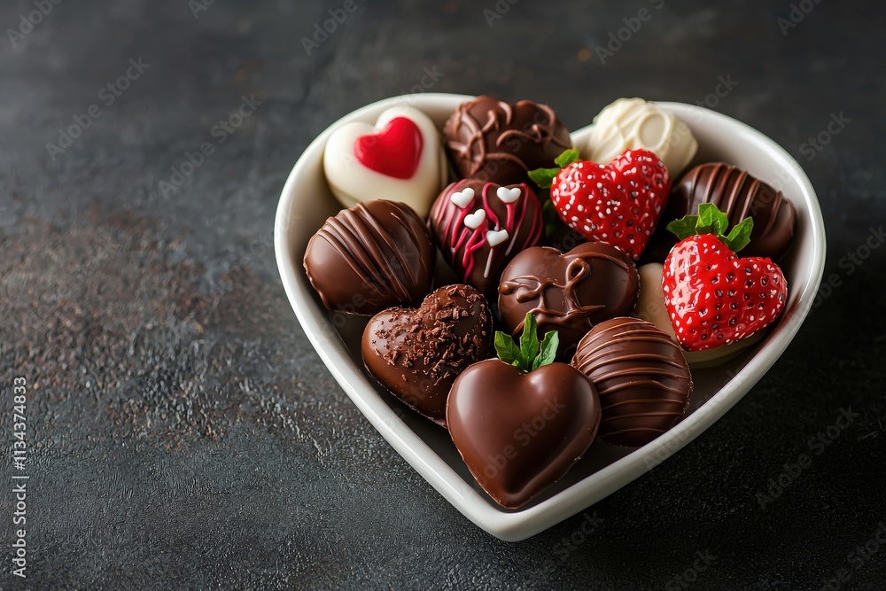 A heart-shaped bowl filled with various chocolates and strawberries showcases an enticing assortment of treats. The arrangement highlights rich textures and vibrant colors perfect for sharing.